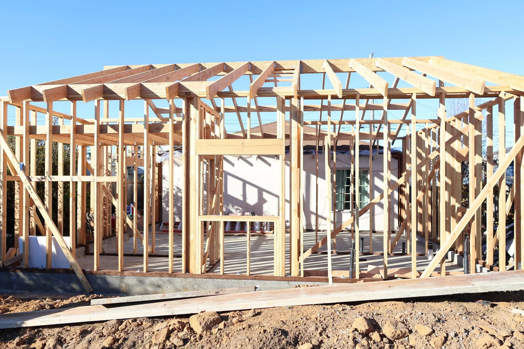 Construction process reference: wall and roof framing.