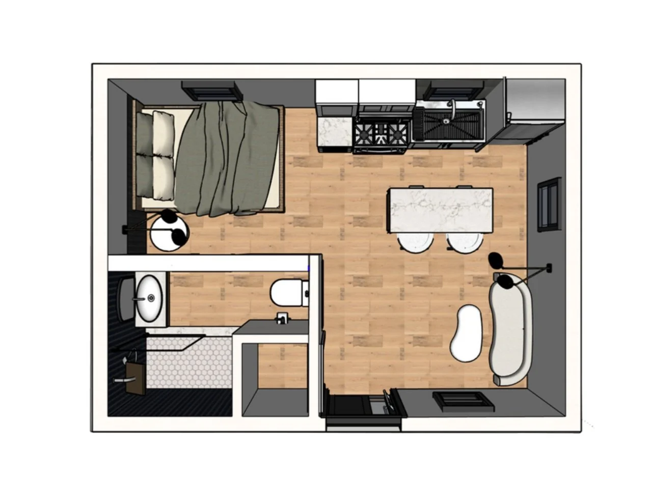 Studio ADU floor plan concept with a kitchen, bathroom and sleeping area.