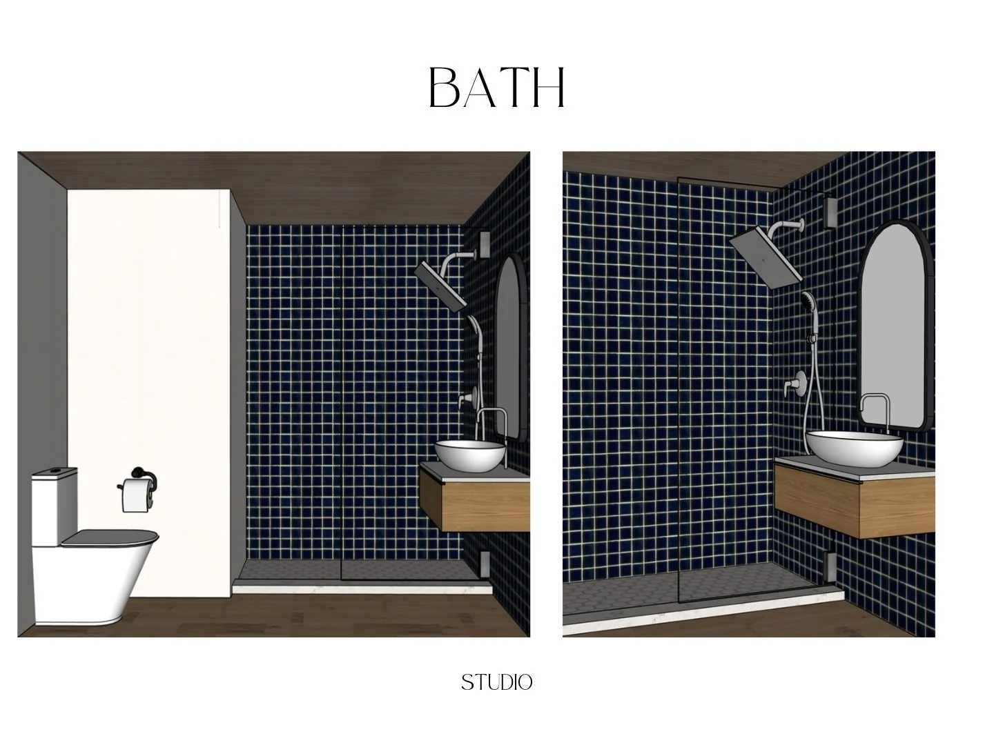 Studio ADU bathroom design concept with dark tile and white fixtures.