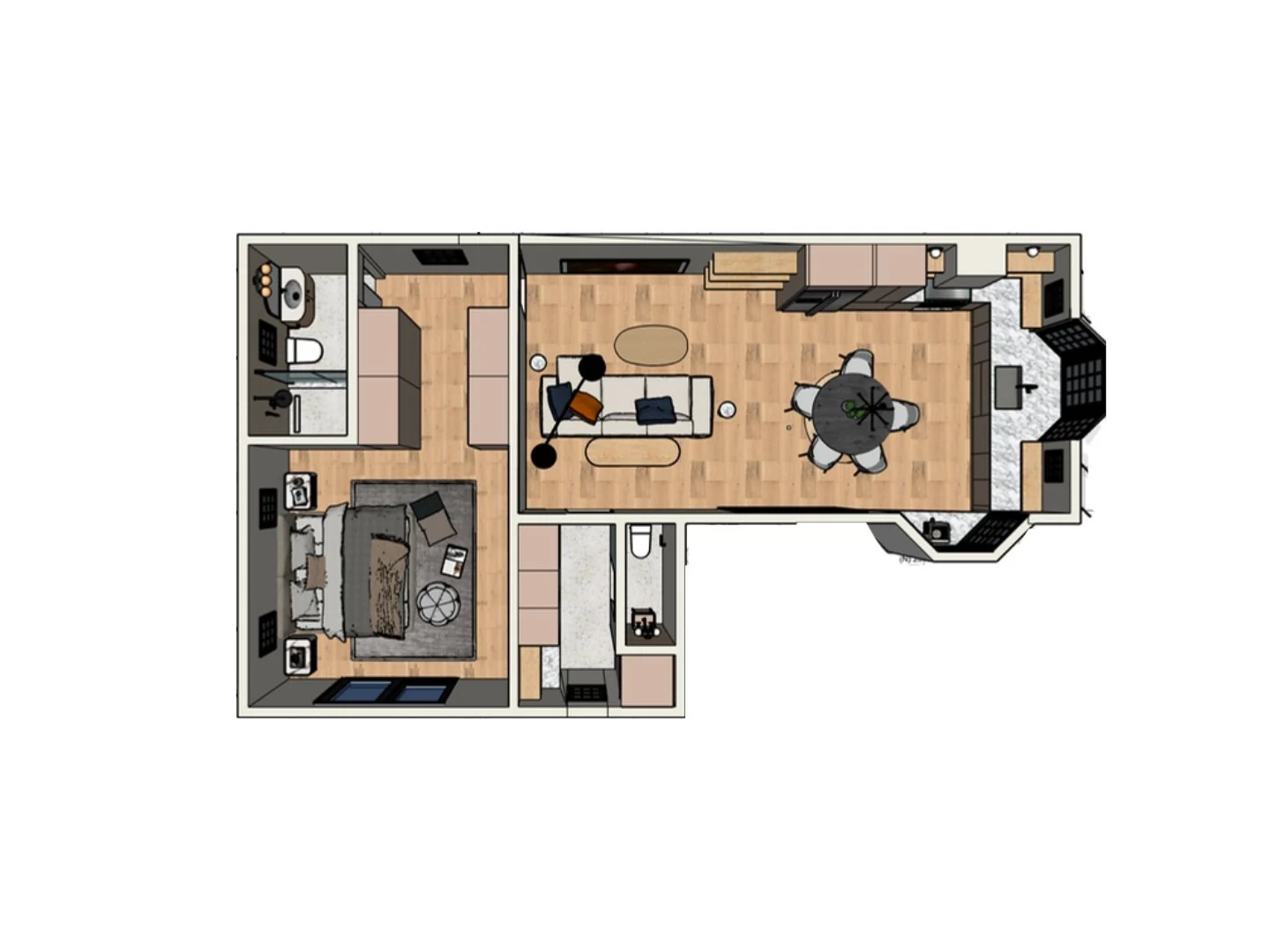 One-bedroom ADU floor plan concept with living, kitchen and bathroom areas.