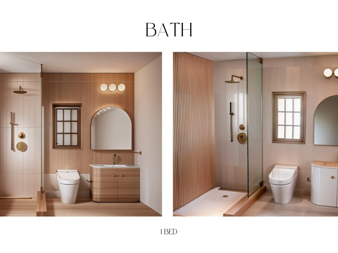 One-bedroom ADU bathroom design concepts with wood vanities and mirrors.