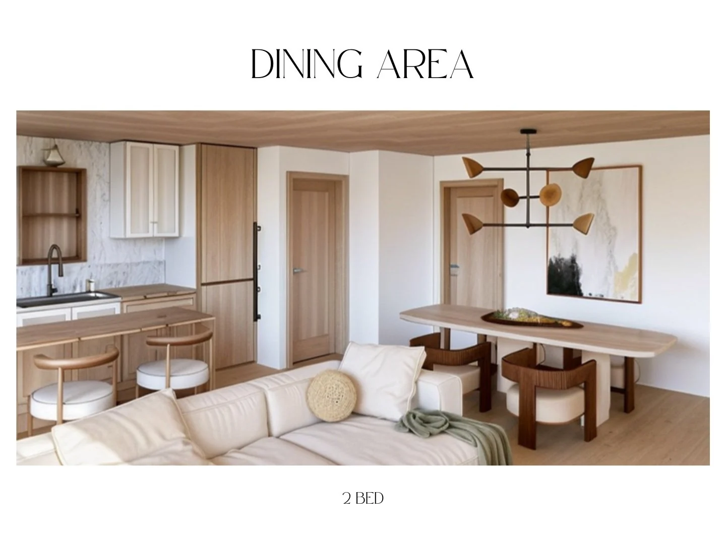 Two-bedroom ADU dining-area concept with a round table and pale wood cabinets.