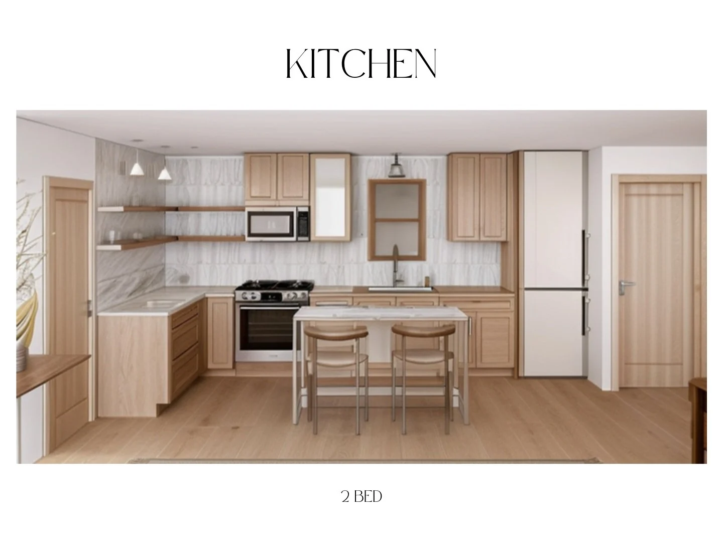 Two-bedroom ADU kitchen design concept with pale wood cabinetry and island seating.