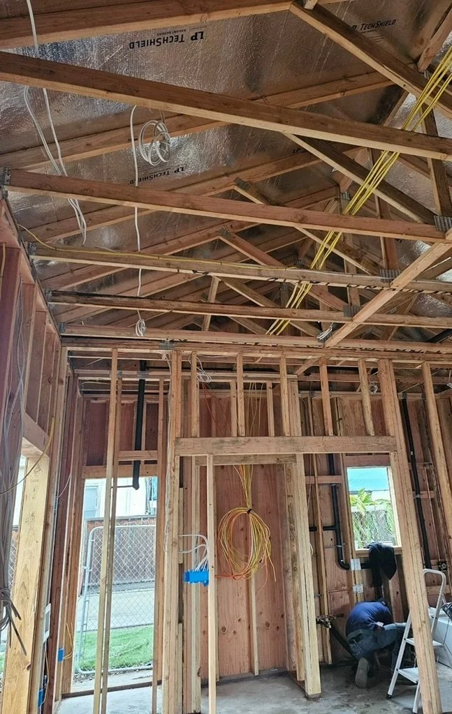 ADU timber wall and ceiling framing during construction.